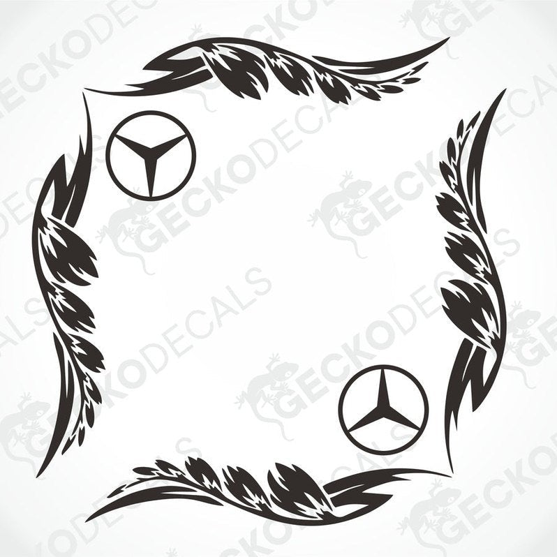 A black and white image of a die cut decal set for a Mercedes-Benz vehicle, featuring the brand's logo and a leaf-like design, intended for use on side windows.