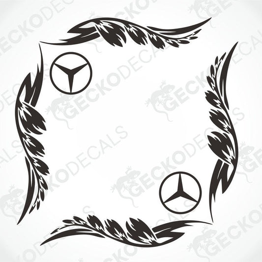 A black and white image of a die cut decal set for a Mercedes-Benz vehicle, featuring the brand's logo and a leaf-like design, intended for use on side windows.