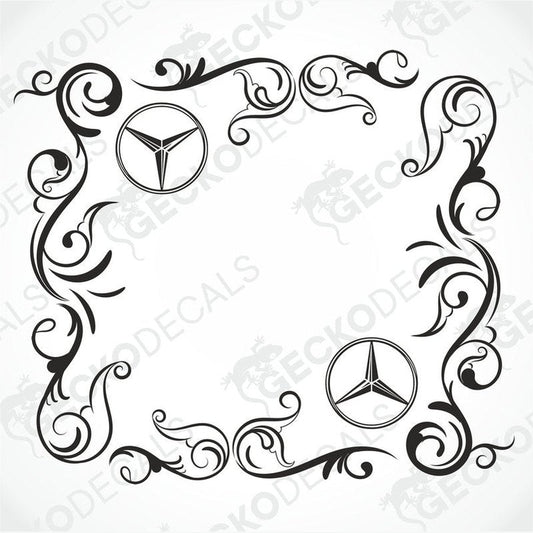 A set of black and white die cut stickers with a Mercedes-Benz logo and floral designs, intended for use on side windows of a truck.