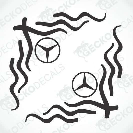 A set of two black die-cut stickers with a Mercedes-Benz logo, intended for use on side windows of a vehicle.