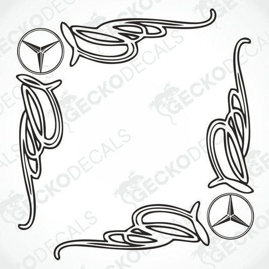 A set of two black side window decals for a Mercedes-Benz vehicle, featuring decorative swirls and the Mercedes-Benz logo.