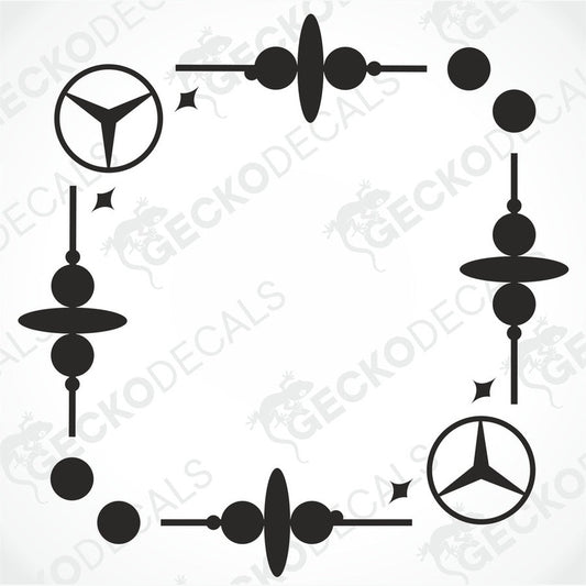 A set of black die cut stickers for side windows of a vehicle, including mercedes-benz and truck decals.