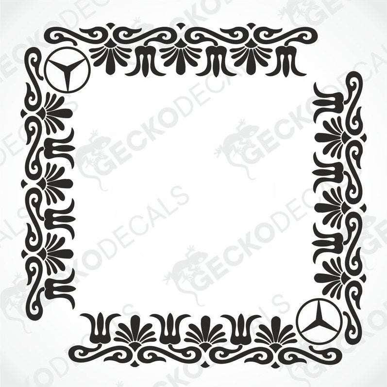 A black and white image of a die cut sticker with a decorative border and the Mercedes-Benz logo.