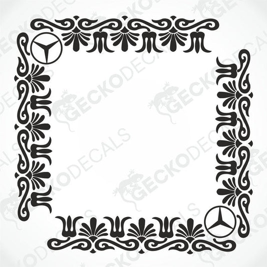 A black and white image of a die cut sticker with a decorative border and the Mercedes-Benz logo.