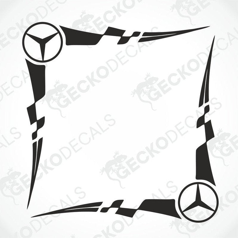 A black and white design die cut decal for a vehicle's side window, featuring the Mercedes-Benz logo.