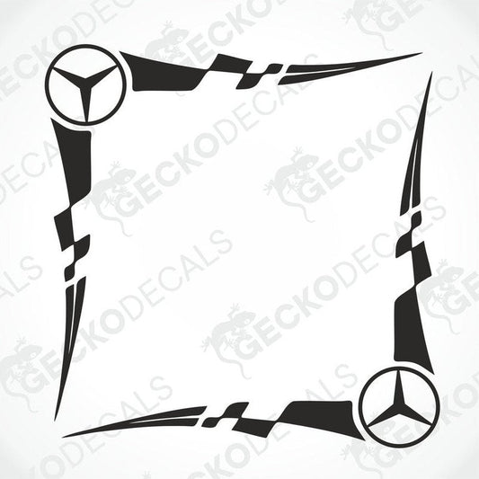 A black and white design die cut decal for a vehicle's side window, featuring the Mercedes-Benz logo.