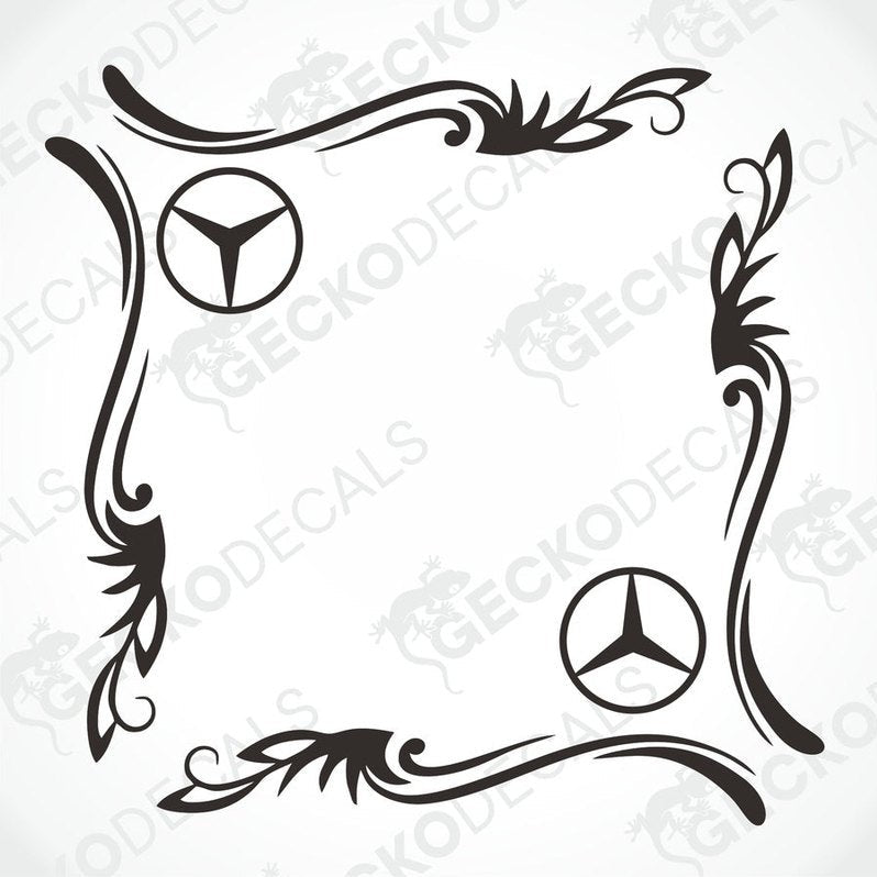 A black and white image of a die cut sticker design featuring tribal patterns and the Mercedes-Benz logo, intended for use as side window decals.