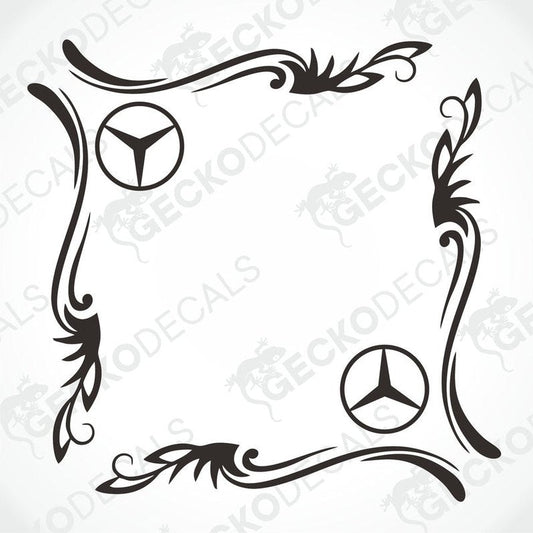 A black and white image of a die cut sticker design featuring tribal patterns and the Mercedes-Benz logo, intended for use as side window decals.