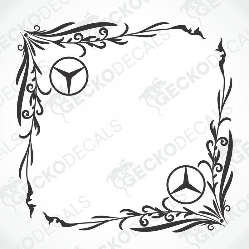A pair of black and white side window decals with floral patterns and the Mercedes-Benz logo.