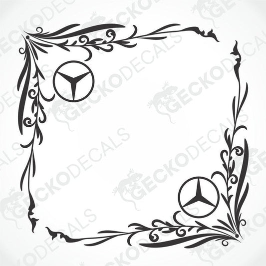 A pair of black and white side window decals with floral patterns and the Mercedes-Benz logo.