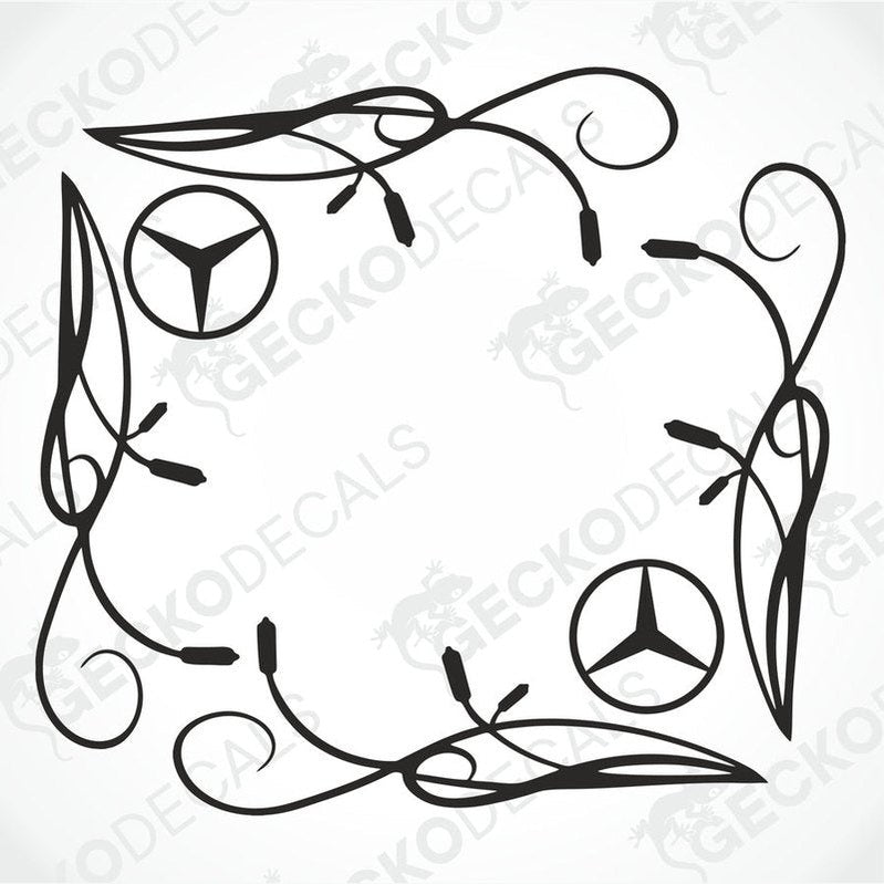 A set of two black side window decals for a Mercedes-Benz vehicle, featuring decorative floral patterns and the Mercedes-Benz logo.