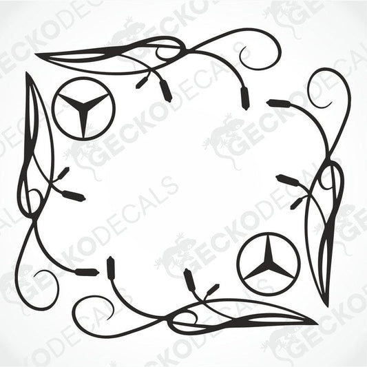 A set of two black side window decals for a Mercedes-Benz vehicle, featuring decorative floral patterns and the Mercedes-Benz logo.