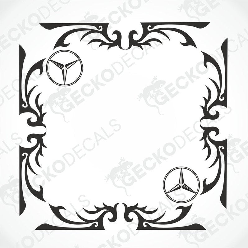 A set of two black die-cut stickers with a Mercedes-Benz logo, intended for use on side windows of a truck.