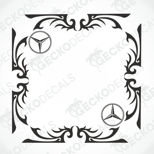A set of two black die-cut stickers with a Mercedes-Benz logo, intended for use on side windows of a truck.