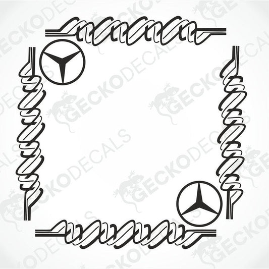 A set of two black Mercedes-Benz side window decals, designed with the brand's logo and stylized text elements.