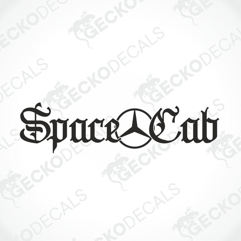 A die cut decal with the text 'Space Cab' displayed on the front of a gray truck windshield.