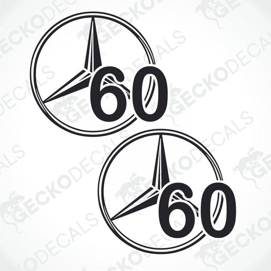 Two black and white circular decals with the number 60 in the center, indicating a speed limit.