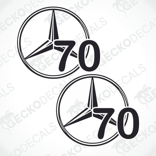 Two black and white die cut stickers with the text '70' and the star symbol from Mercedes-Benz, designed for use as vehicle decals.