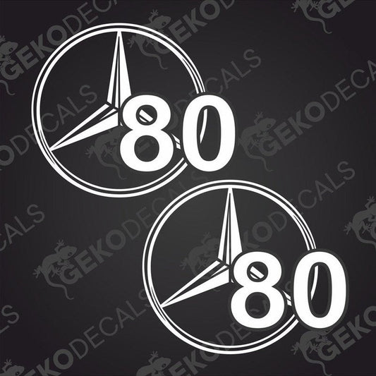 Two white square stickers with the number 80 and the Mercedes-Benz star logo in black.
