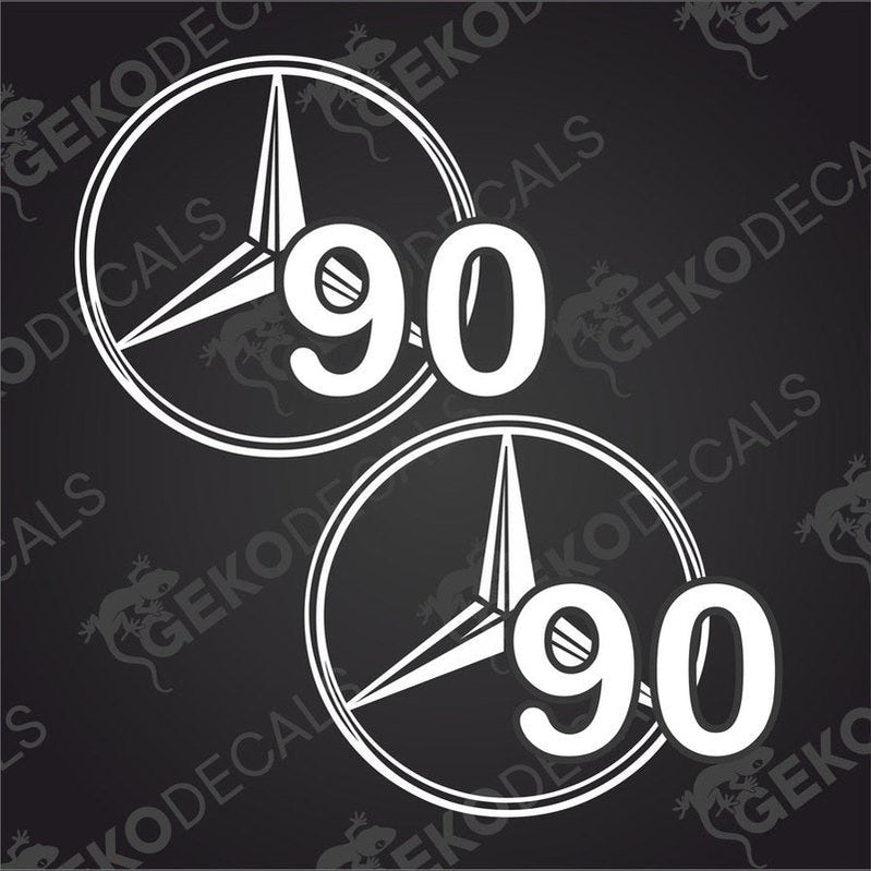 Two black decals with the number 90 and mercedes-benz logo on a white background.