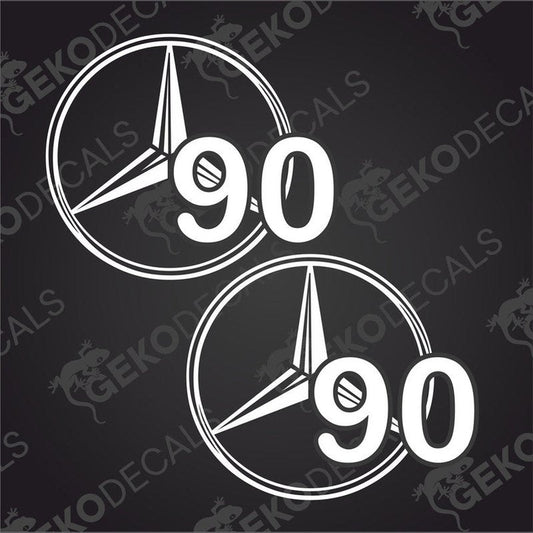 Two black decals with the number 90 and mercedes-benz logo on a white background.