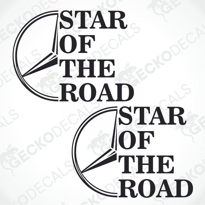 Two black and white die cut stickers with the text 'STAR OF THE ROAD' and a graphic of a horse and rider on a circular background.