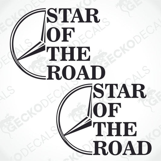 Two black and white die cut stickers with the text 'STAR OF THE ROAD' and a graphic of a horse and rider on a circular background.