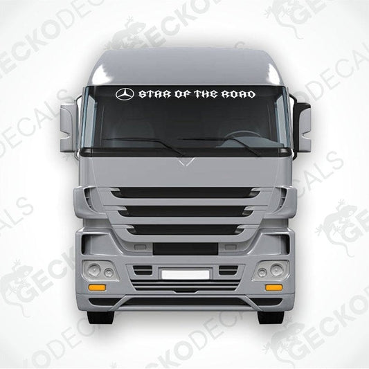 A gray Mercedes-Benz truck with a 'STAR OF THE ROAD' decal on the windshield.