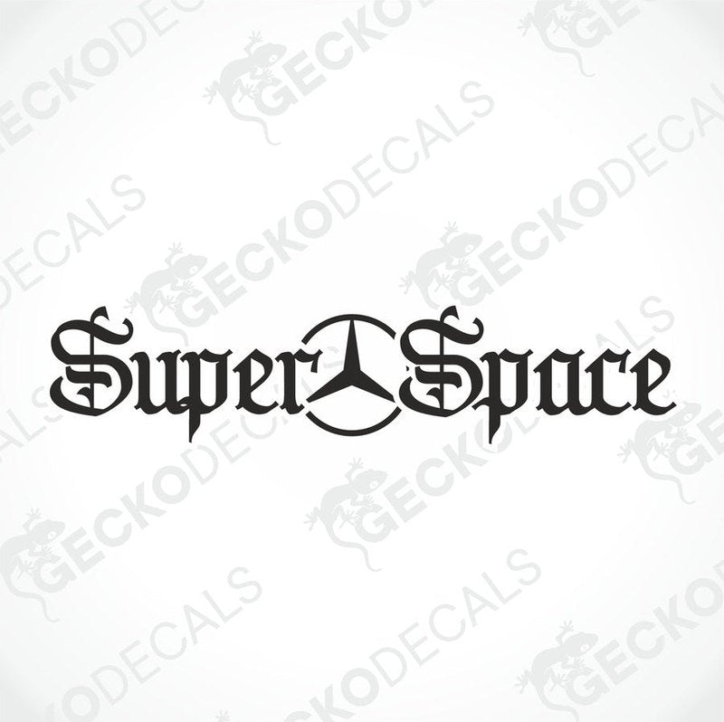 A die cut decal with the text 'Super Space' displayed on the front of a truck windshield.