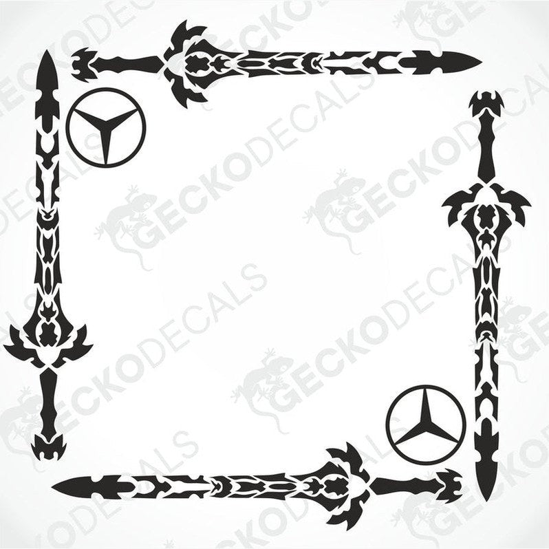 A set of two black tribal sword-shaped decals with the Mercedes-Benz logo, designed for use on vehicle side windows.