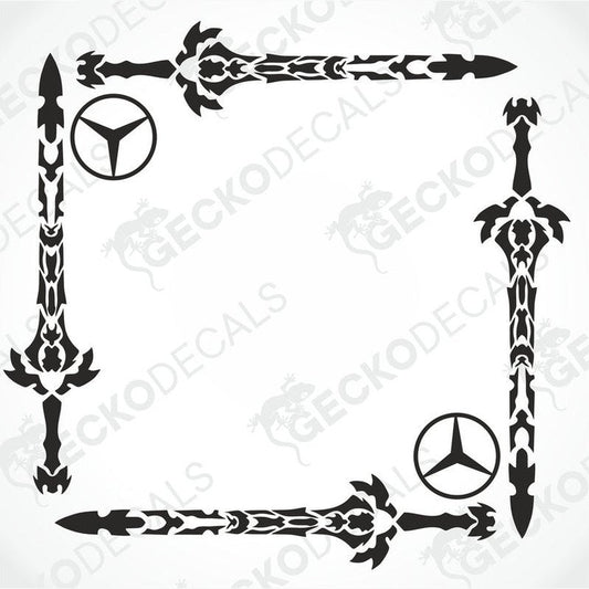 A set of two black tribal sword-shaped decals with the Mercedes-Benz logo, designed for use on vehicle side windows.