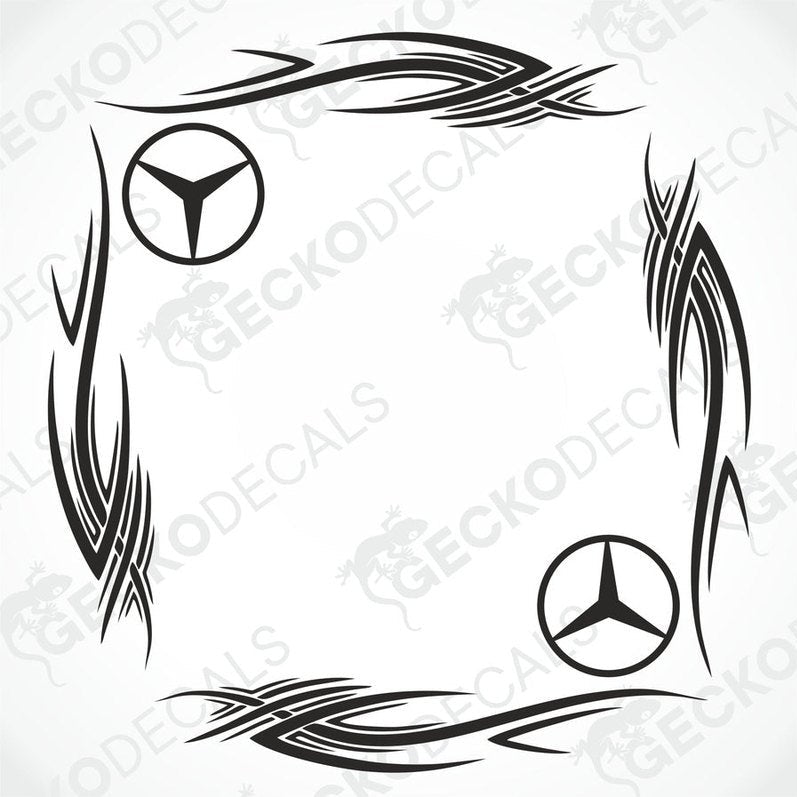 A black and white tribal-style side window decal for a Mercedes-Benz truck.