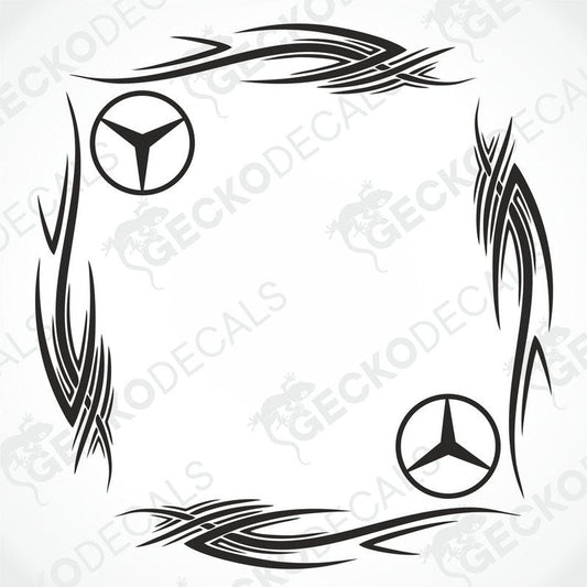A black and white tribal-style side window decal for a Mercedes-Benz truck.