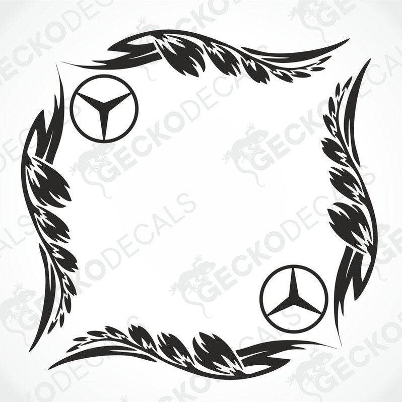 A black and white image of a die cut decal with a tribal pattern and the Mercedes-Benz logo, intended for use on a vehicle's side window.