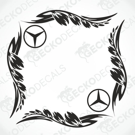 A black and white image of a die cut decal with a tribal pattern and the Mercedes-Benz logo, intended for use on a vehicle's side window.