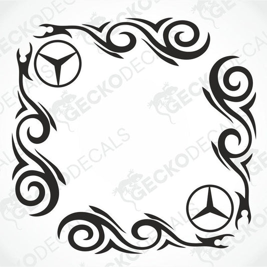 A die cut sticker with a tribal pattern design featuring the Mercedes-Benz logo, intended for use as a side window decal.