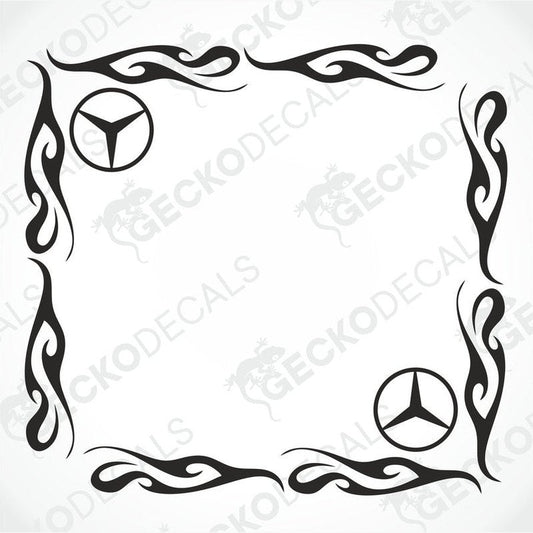 A set of tribal style side window decals for a Mercedes-Benz truck, consisting of a left and right sticker delivered on transfer paper.