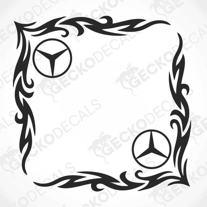 A black tribal pattern side window decal with the Mercedes-Benz logo in the corner, designed for use on vehicles.