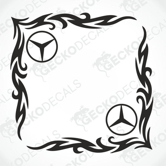 A black tribal pattern side window decal with the Mercedes-Benz logo in the corner, designed for use on vehicles.