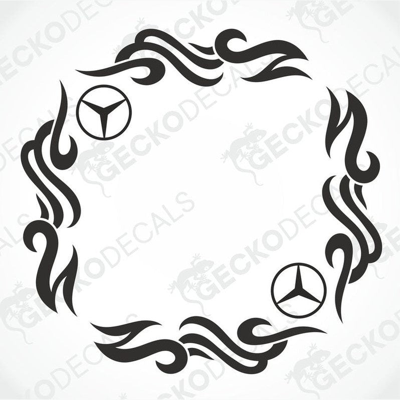 A set of tribal style side window decals for a Mercedes-Benz truck, featuring black and white geometric patterns.