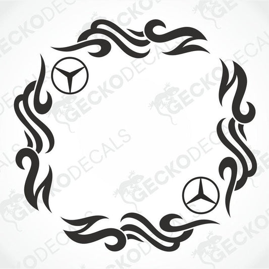 A set of tribal style side window decals for a Mercedes-Benz truck, featuring black and white geometric patterns.