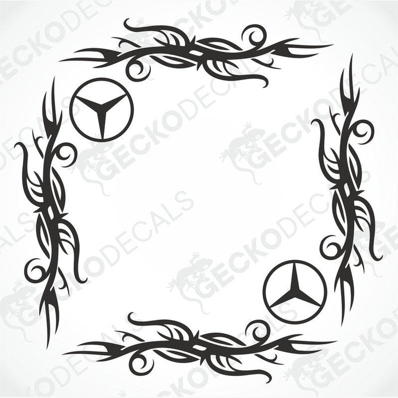 A black tribal pattern side window decal with the Mercedes-Benz logo in the center, designed for use on vehicles.