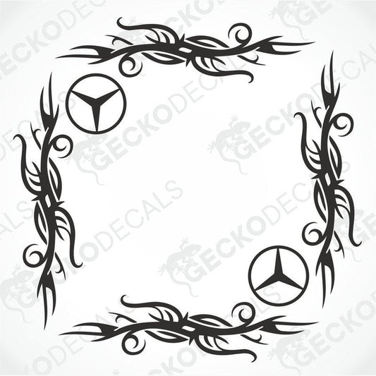 A black tribal pattern side window decal with the Mercedes-Benz logo in the center, designed for use on vehicles.