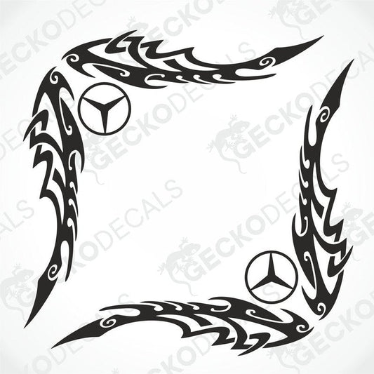 A pair of black tribal design side window decals for a vehicle, featuring the Mercedes-Benz logo.