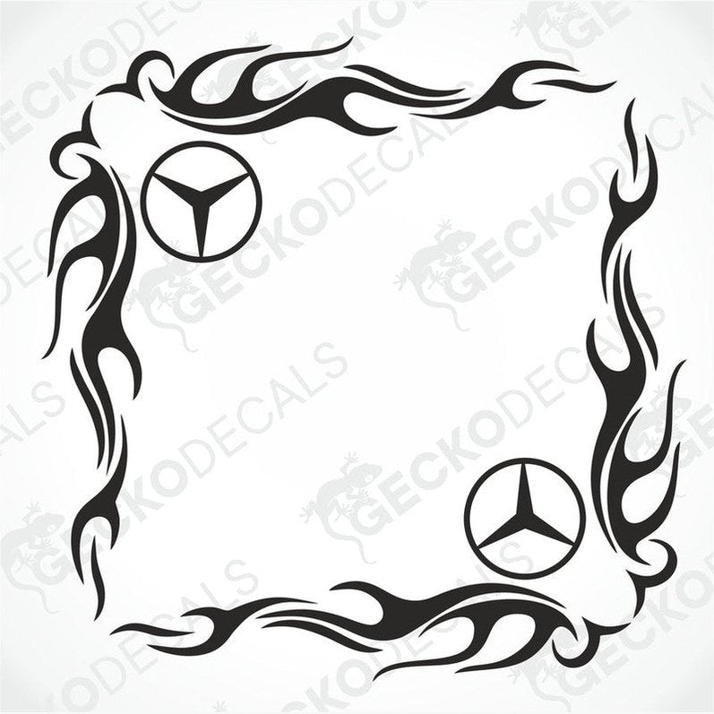 A set of two black tribal patterned side window decals for a vehicle, featuring the Mercedes-Benz logo.