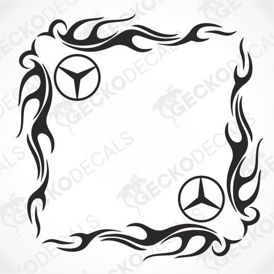 A set of two black tribal patterned side window decals for a vehicle, featuring the Mercedes-Benz logo.