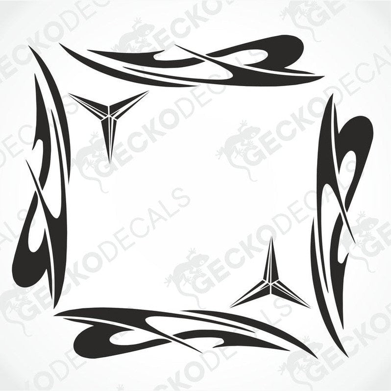 A set of black tribal patterned side window decals for a vehicle.