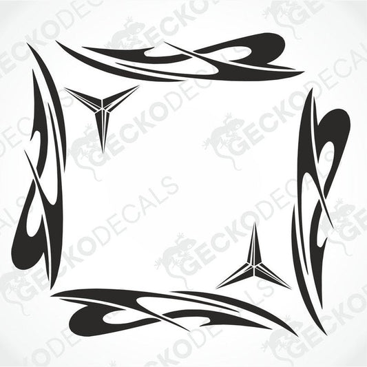 A set of black tribal patterned side window decals for a vehicle.