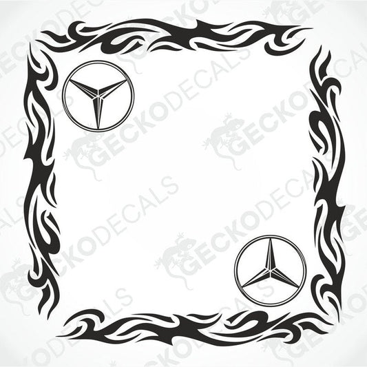 A black and white tribal patterned die cut sticker designed for vehicle side window placement, featuring the Mercedes-Benz star logo.