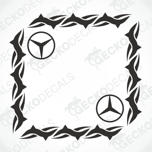A die cut decal with a tribal pattern design featuring the Mercedes-Benz star logo, intended for use on vehicle side windows.
